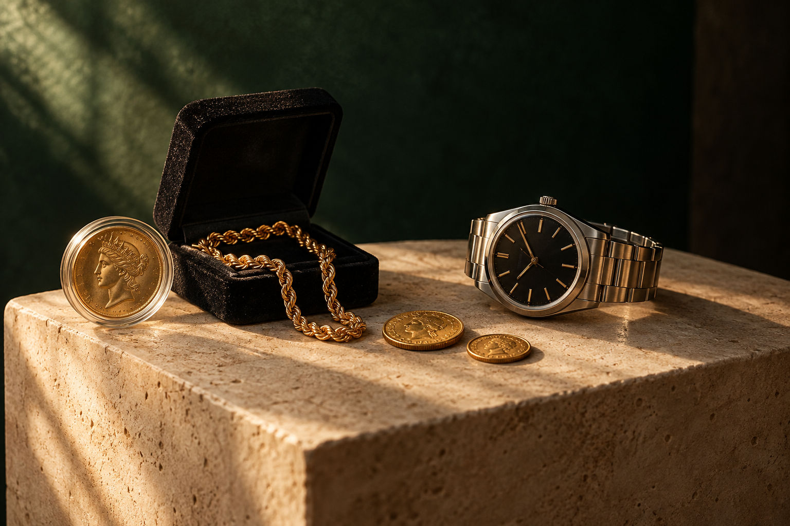 Illustrative still life of collectible gold coins, a watch, and fine jewelry