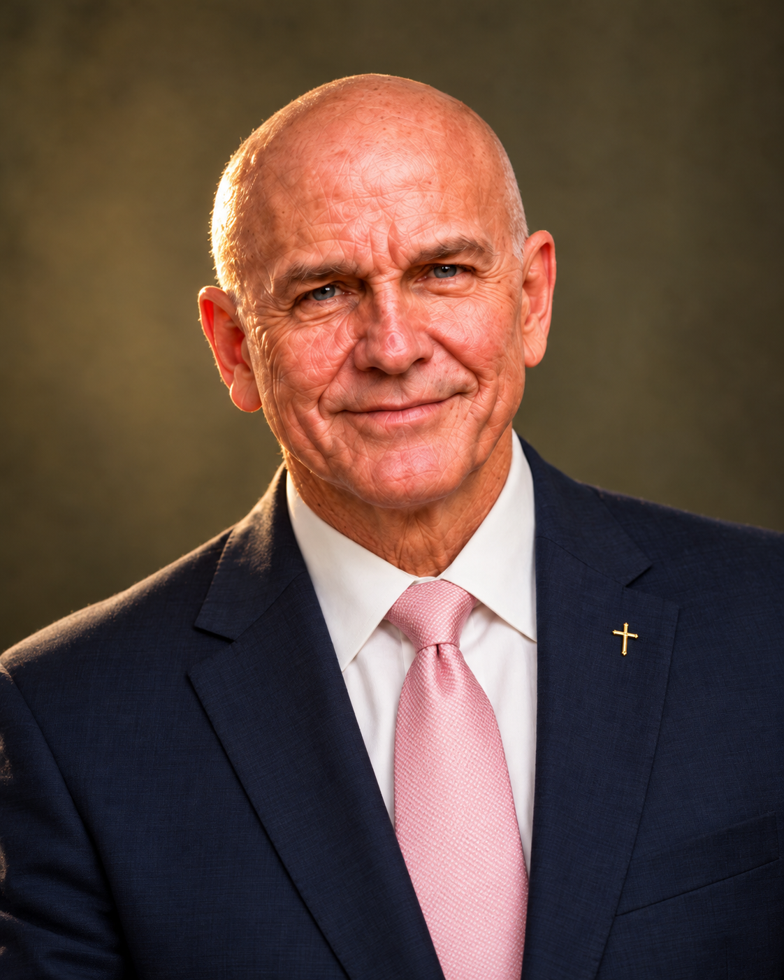 David Vogel in a navy suit and pink tie